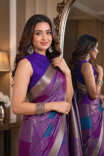 Purple soft silk blend banarasi jacuard work festive saree with unstitched blouse piece