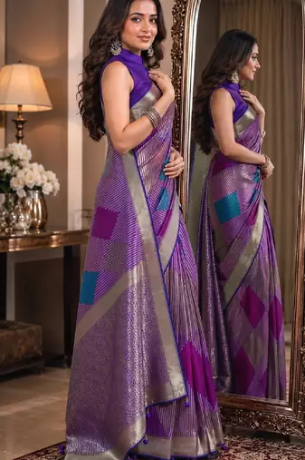 Purple soft silk blend banarasi jacuard work festive saree with unstitched blouse piece