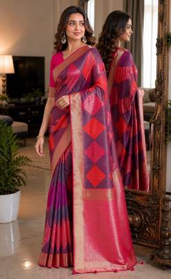 Wine soft silk blend banarasi jacuard work festive saree with unstitched blouse piece 1