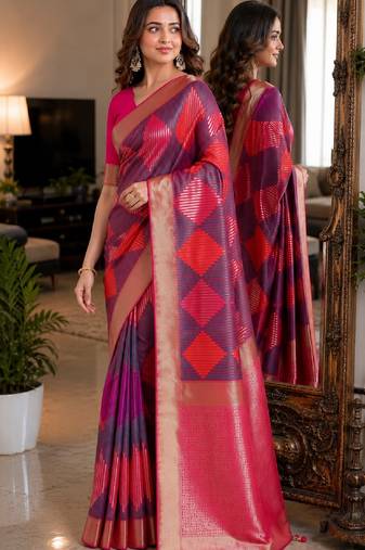 Wine soft silk blend banarasi jacuard work festive saree with unstitched blouse piece