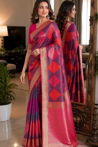 Wine soft silk blend banarasi jacuard work festive saree with unstitched blouse piece