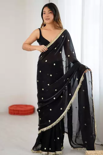 black fendy satin fabric trending sequins embroidered saree