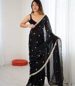 black fendy satin fabric trending sequins embroidered saree