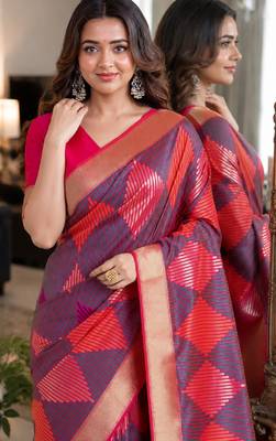 Wine soft silk blend banarasi jacuard work festive saree with unstitched blouse piece 2