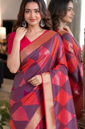 Wine soft silk blend banarasi jacuard work festive saree with unstitched blouse piece