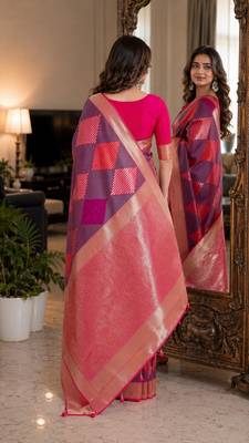 Wine soft silk blend banarasi jacuard work festive saree with unstitched blouse piece 3