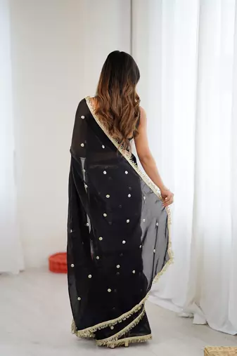 black fendy satin fabric trending sequins embroidered saree