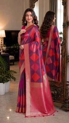 Wine soft silk blend banarasi jacuard work festive saree with unstitched blouse piece 4