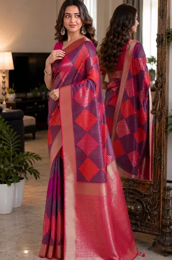 Wine soft silk blend banarasi jacuard work festive saree with unstitched blouse piece