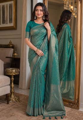 Rama soft silk blend banarasi jacuard work festive saree with unstitched blouse piece 1