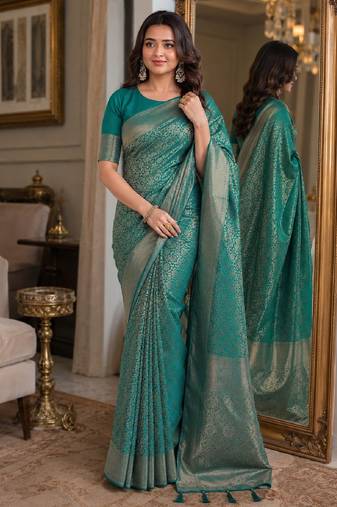 Rama soft silk blend banarasi jacuard work festive saree with unstitched blouse piece