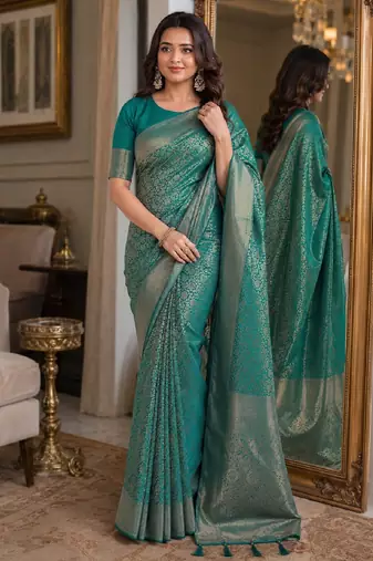 Rama soft silk blend banarasi jacuard work festive saree with unstitched blouse piece