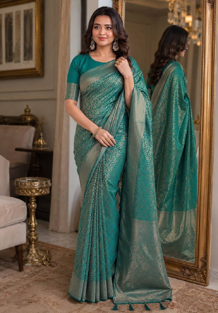 Rama soft silk blend banarasi jacuard work festive saree with unstitched blouse piece