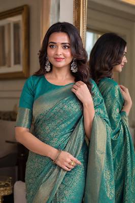 Rama soft silk blend banarasi jacuard work festive saree with unstitched blouse piece 2