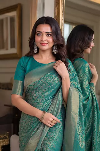 Rama soft silk blend banarasi jacuard work festive saree with unstitched blouse piece