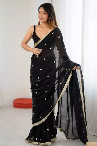 black fendy satin fabric trending sequins embroidered saree