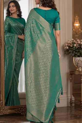 Rama soft silk blend banarasi jacuard work festive saree with unstitched blouse piece