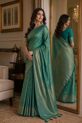 Rama soft silk blend banarasi jacuard work festive saree with unstitched blouse piece 4