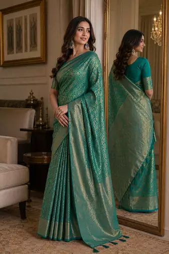 Rama soft silk blend banarasi jacuard work festive saree with unstitched blouse piece