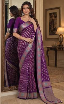 Wine soft silk blend banarasi jacuard work festive saree with unstitched blouse piece 1