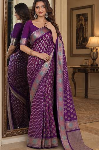 Wine soft silk blend banarasi jacuard work festive saree with unstitched blouse piece
