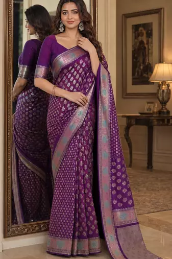 Wine soft silk blend banarasi jacuard work festive saree with unstitched blouse piece
