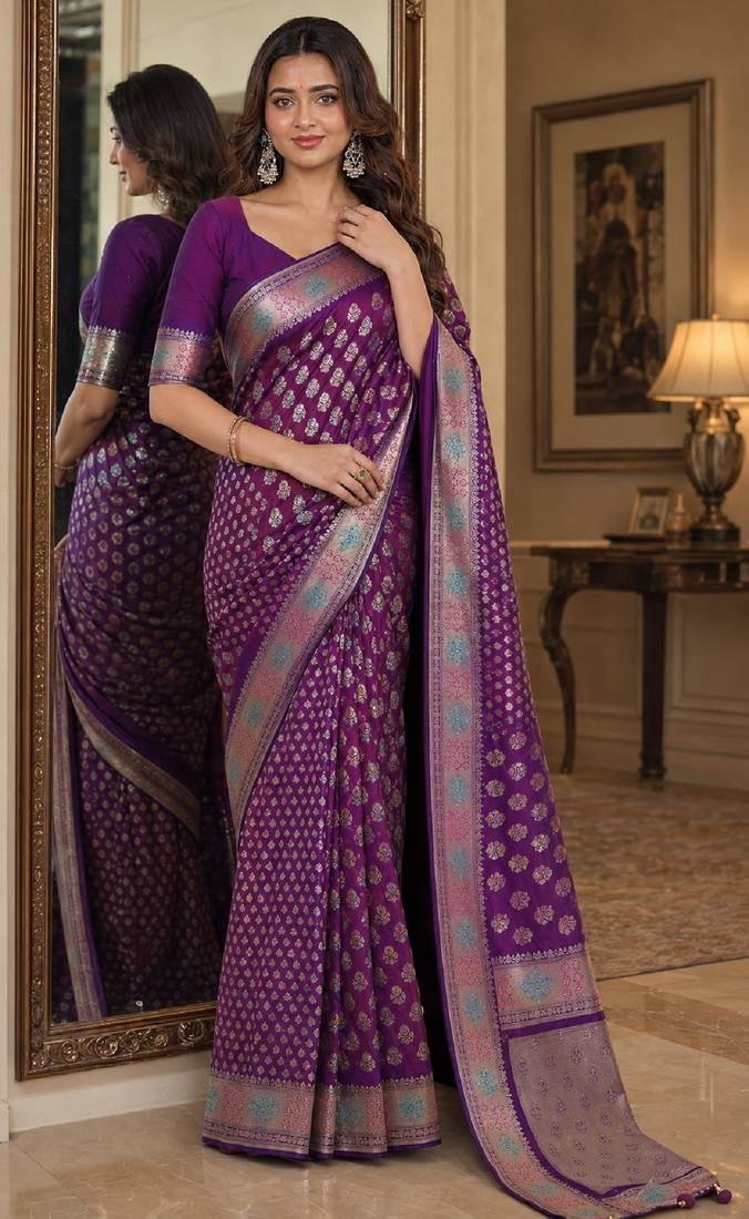 Wine soft silk blend banarasi jacuard work festive saree with unstitched blouse piece