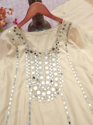 Cream silk blend with hand work with real mirror kurta palazzo with dupatta 5