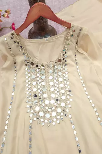 Cream silk blend with hand work with real mirror kurta palazzo with dupatta