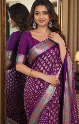 Wine soft silk blend banarasi jacuard work festive saree with unstitched blouse piece 2