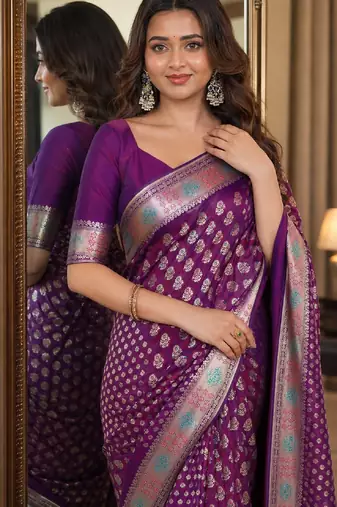 Wine soft silk blend banarasi jacuard work festive saree with unstitched blouse piece