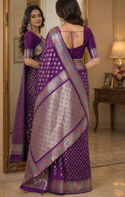 Wine soft silk blend banarasi jacuard work festive saree with unstitched blouse piece 3