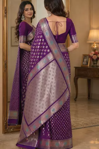 Wine soft silk blend banarasi jacuard work festive saree with unstitched blouse piece