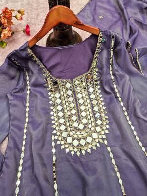 Lavender silk blend with hand work with real mirror kurta palazzo with dupatta 5