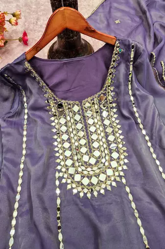 Lavender silk blend with hand work with real mirror kurta palazzo with dupatta