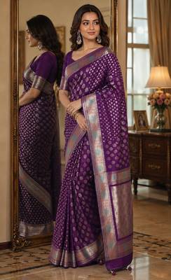 Wine soft silk blend banarasi jacuard work festive saree with unstitched blouse piece 4