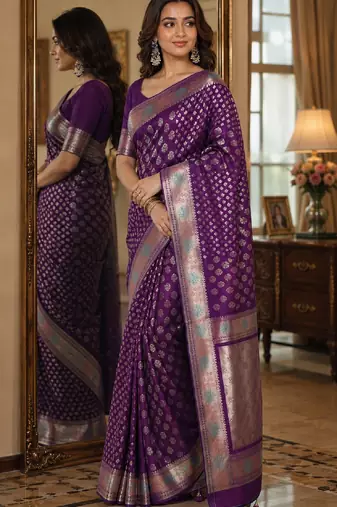 Wine soft silk blend banarasi jacuard work festive saree with unstitched blouse piece