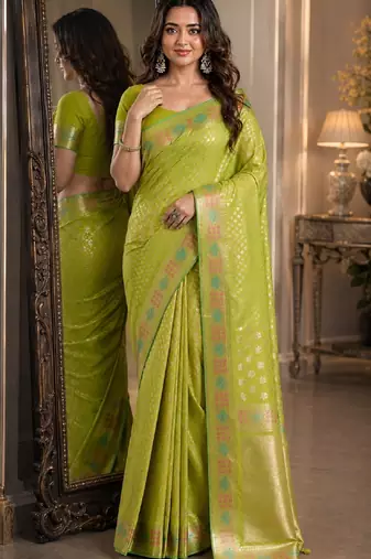 Parrot green soft silk blend banarasi jacuard work festive saree with unstitched blouse piece