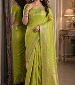 Parrot green soft silk blend banarasi jacuard work festive saree with unstitched blouse piece