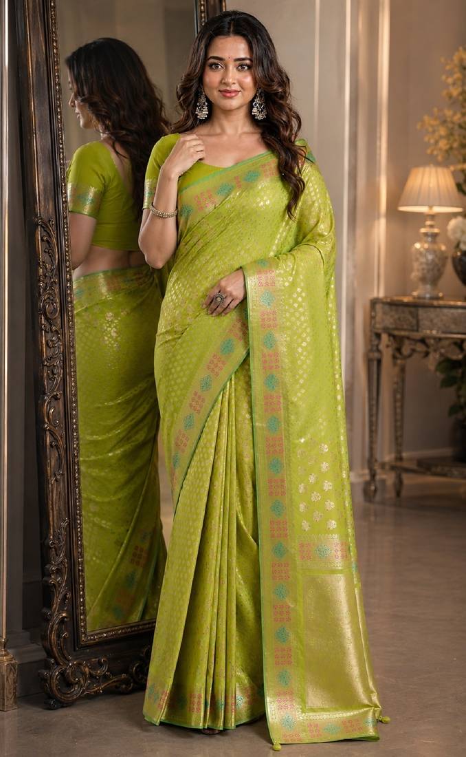 Parrot green soft silk blend banarasi jacuard work festive saree with unstitched blouse piece