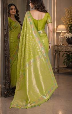 Parrot green soft silk blend banarasi jacuard work festive saree with unstitched blouse piece 3