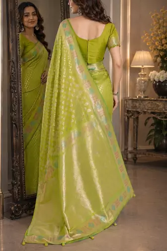 Parrot green soft silk blend banarasi jacuard work festive saree with unstitched blouse piece