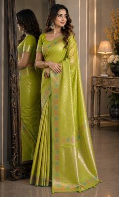 Parrot green soft silk blend banarasi jacuard work festive saree with unstitched blouse piece 4