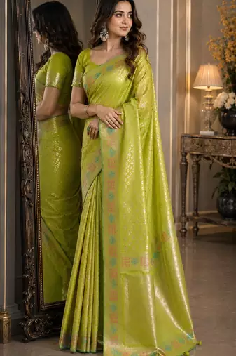 Parrot green soft silk blend banarasi jacuard work festive saree with unstitched blouse piece
