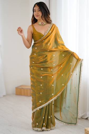 gold fendy satin fabric trending sequins embroidered saree
