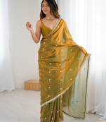 gold fendy satin fabric trending sequins embroidered saree