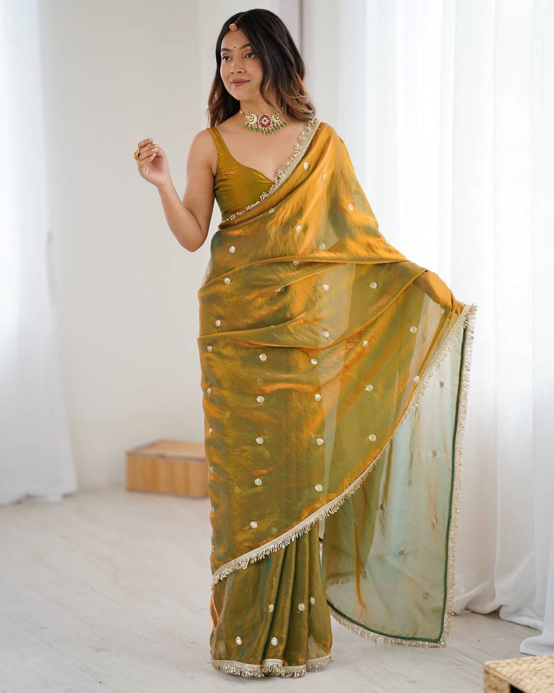 gold fendy satin fabric trending sequins embroidered saree