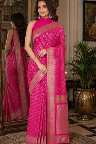 Pink soft silk blend banarasi jacuard work festive saree with unstitched blouse piece