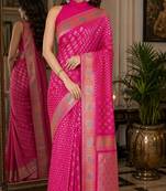 Pink soft silk blend banarasi jacuard work festive saree with unstitched blouse piece