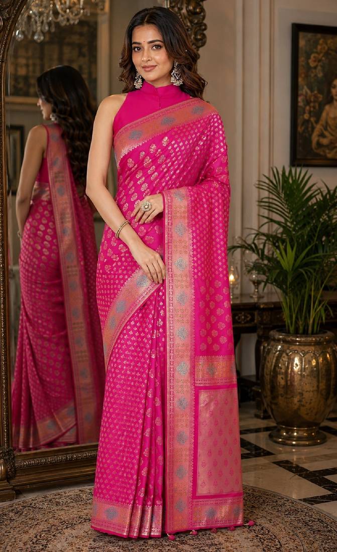 Pink soft silk blend banarasi jacuard work festive saree with unstitched blouse piece
